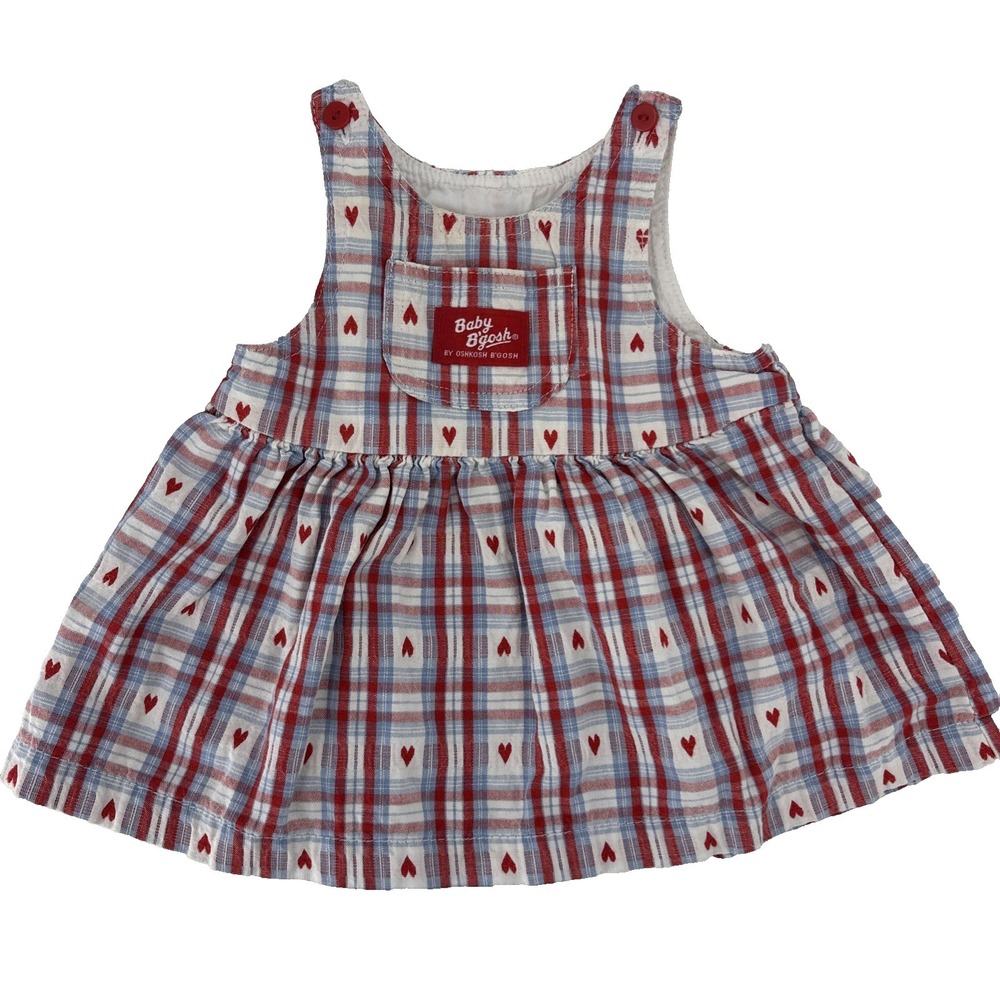 Oshkosh B'Gosh Vintage Plaid Pinafore Dress Size 12M Hearts Red White Blue USA